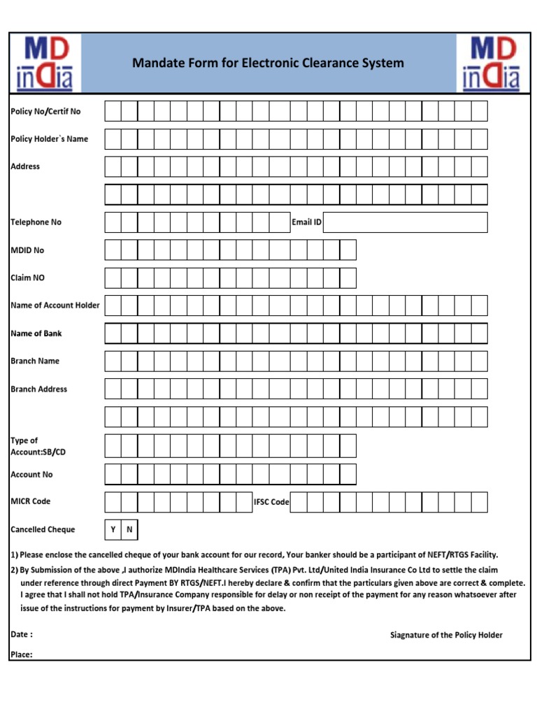 Mandate Form For Electronic Clearance System PDF