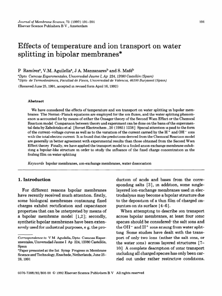 Temperature and Ion Transport in Bipolar Membranes | PDF | Reaction ...