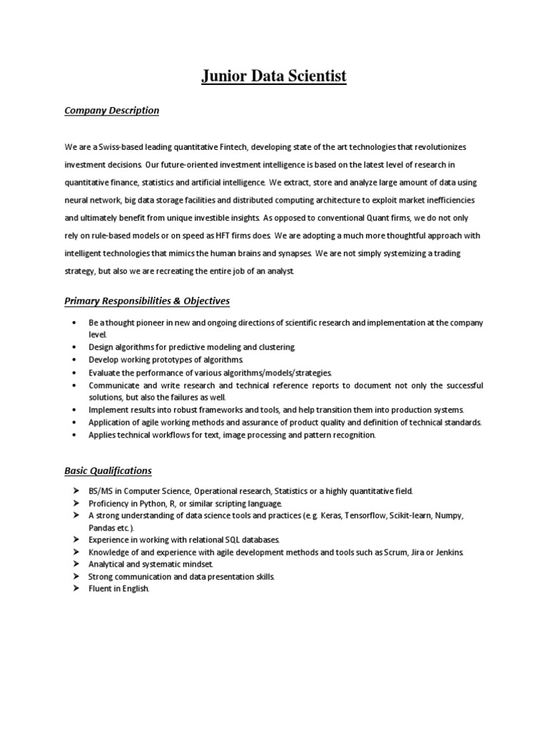 Junior Data Scientist Swiss | PDF | Data Science | Quantitative Analyst