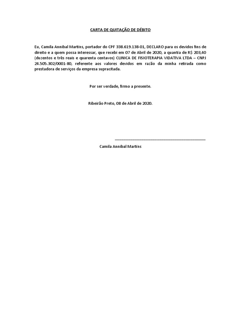 Carta de Quitação de Débito PDF
