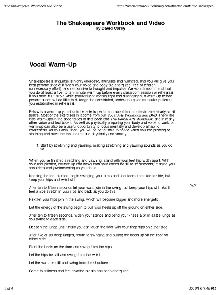 Vocal Warm-Up: The Shakespeare Workbook and Video | PDF | Breathing ...