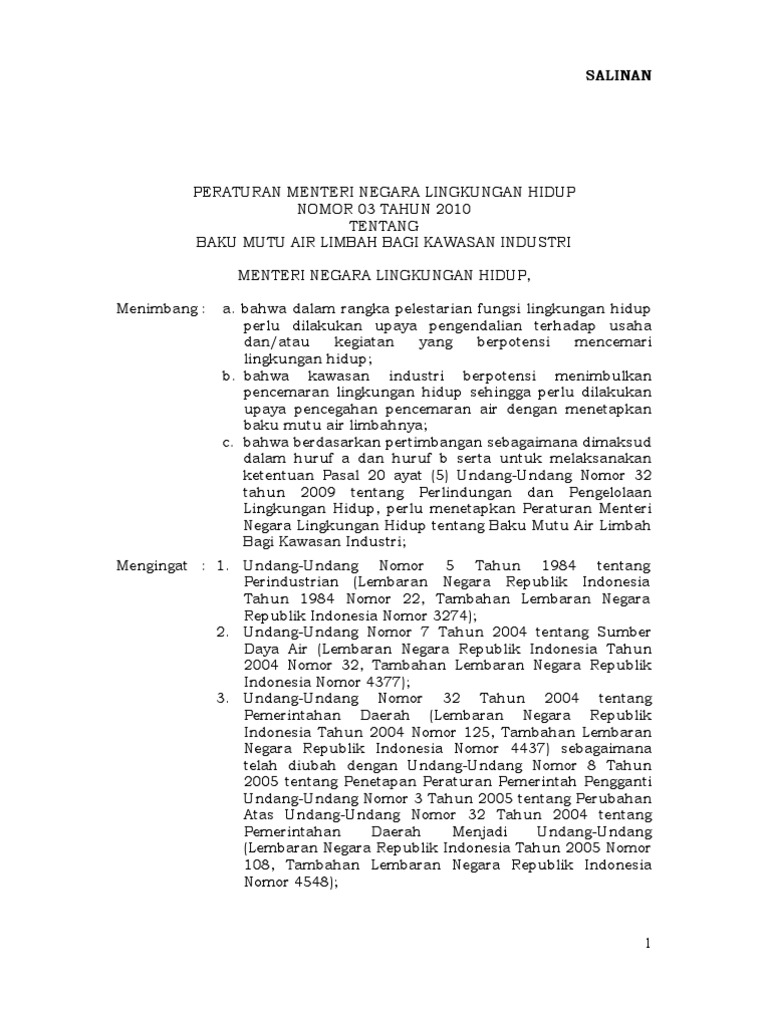 PermenLH03 2010 ttg baku Mutu Air Limbah Kawasan Industri PermenLH03 2010 ttg baku Mutu Air Limbah Kawasan Industri