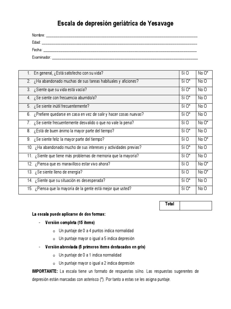 Escala de Depresión Geriátrica de Yesavage PDF PDF Depresión (estado de ánimo) Sicología