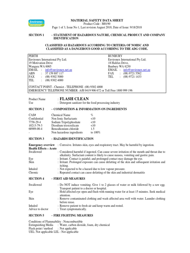 Safety Data Sheet for Flash Clean Detergent Sanitizer A Corrosive and