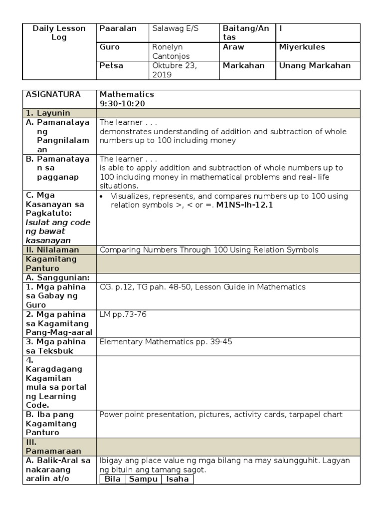 Lesson Plan For Mathematics 1 | PDF