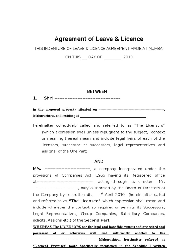 Standard. Leave and Licence .Agreement PDF License Lease
