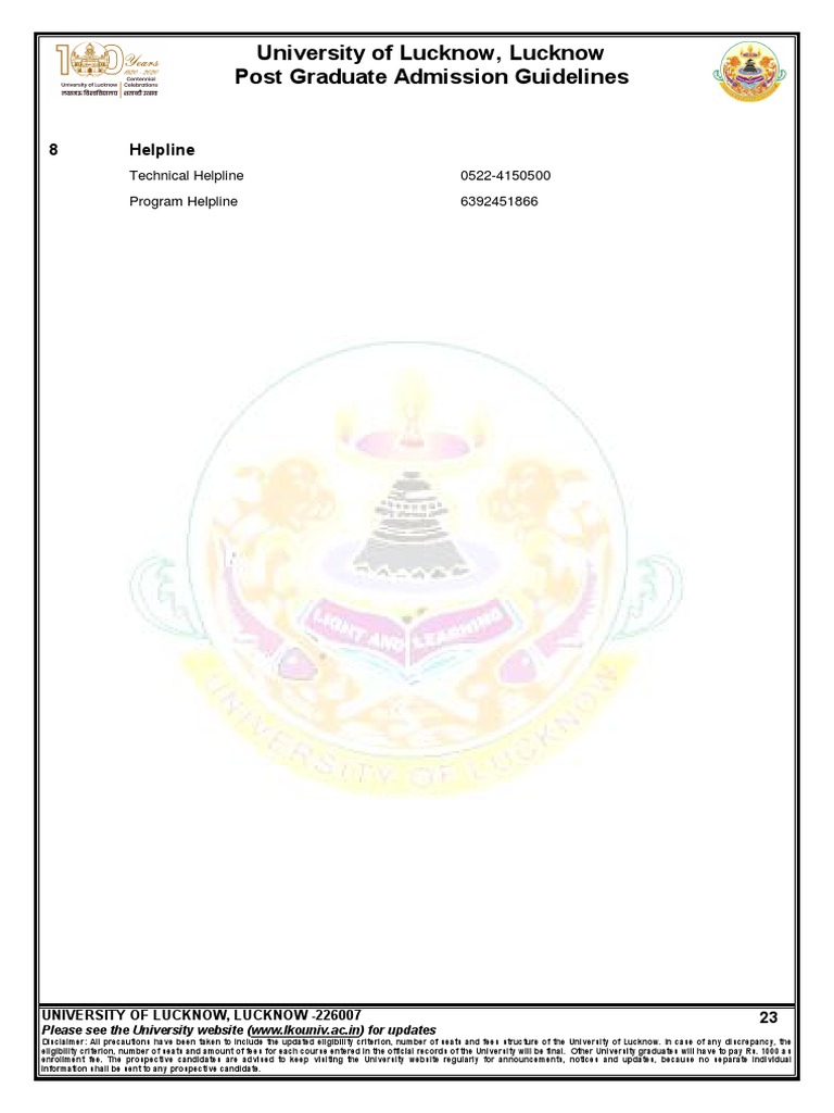 University of Lucknow, Lucknow Post Graduate Admission Guidelines | PDF