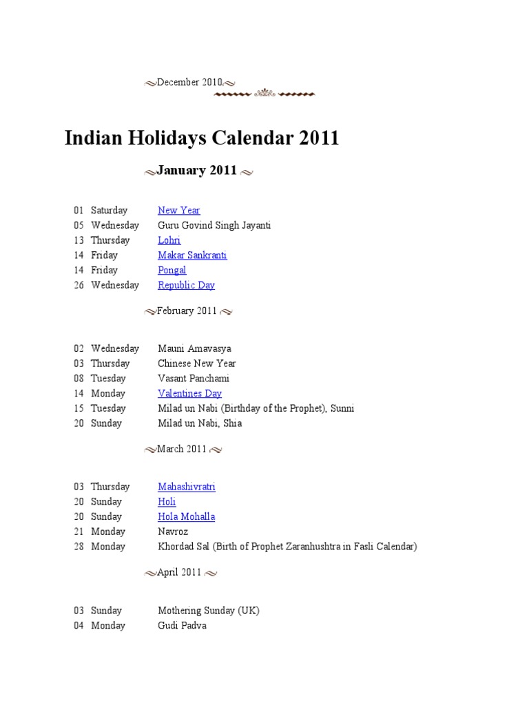 Indian Holidays Calendar 2011: January 2011 | PDF | Religious Festivals |  Observances
