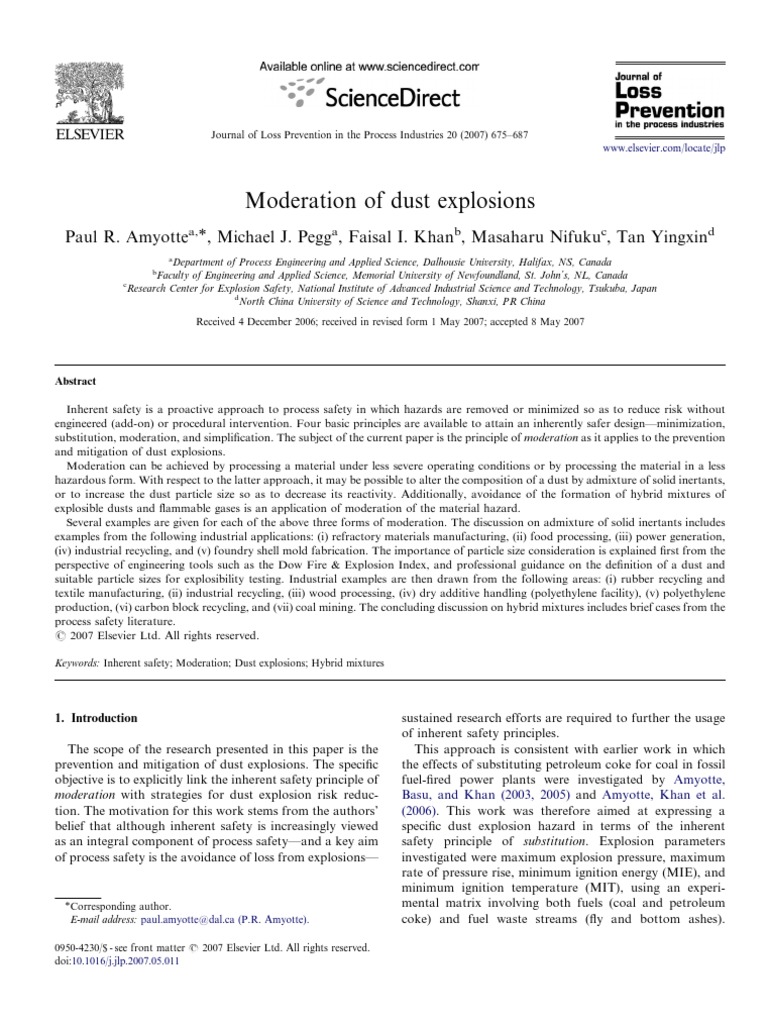 Moderation of Dust Explosions PDF PDF Combustion Explosion