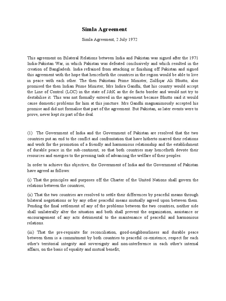 Simla Agreement PDF IndiaPakistan Relations International Relations