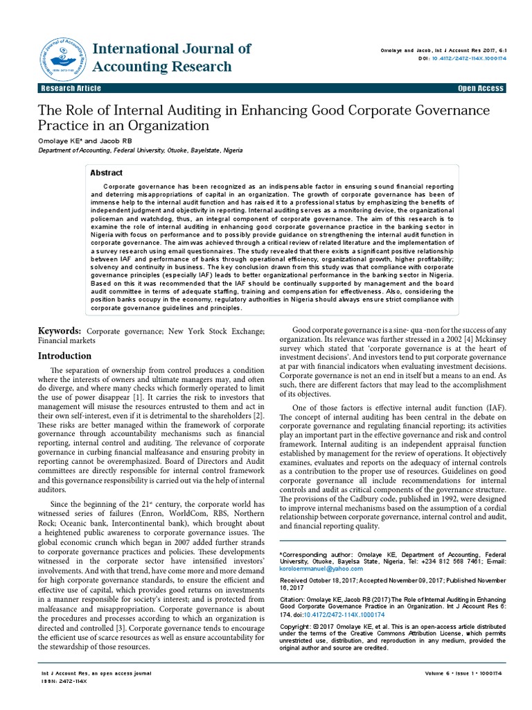 The Role of Internal Auditing in Enhancing Good Corporate ...