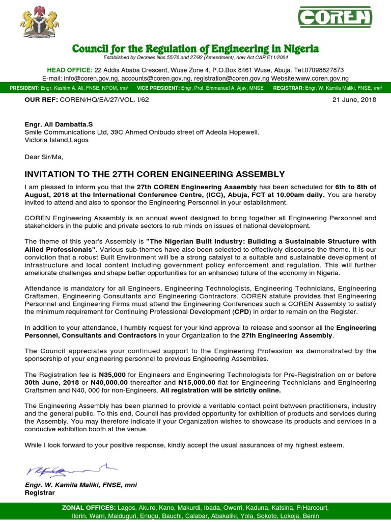 COREN 2025 Engineering Assembly Invitation | PDF | Engineering | Business