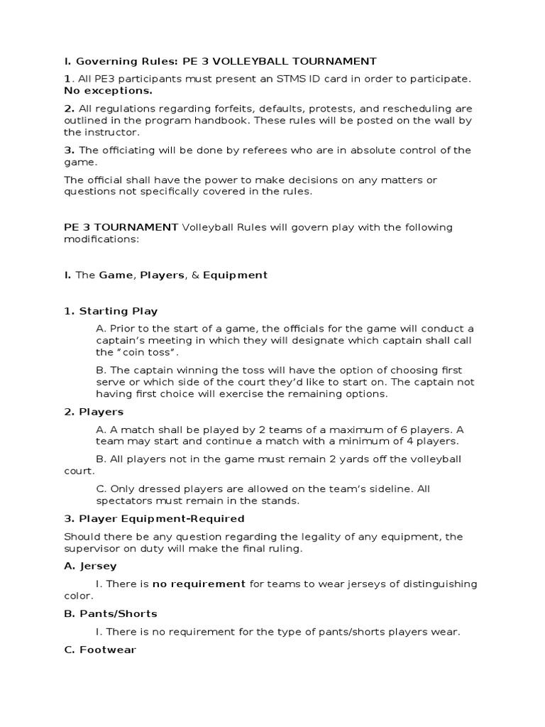 PE 3 Volleyball Rules and Guidelines PDF Volleyball Sports