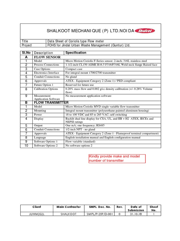 Flow Meter Data Sheet PDF