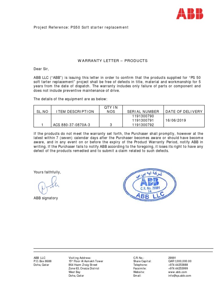 ABB 5-Year Product Warranty Letter | PDF