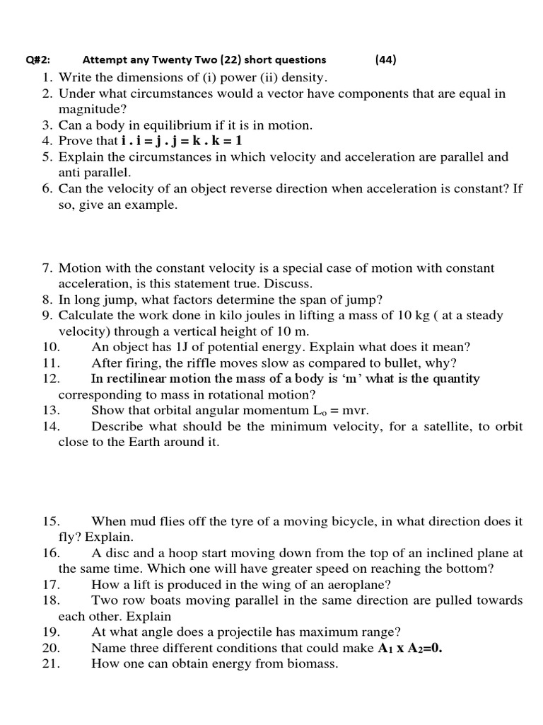 Q#2: Attempt Any Twenty Two (22) Short Questions | PDF | Velocity ...