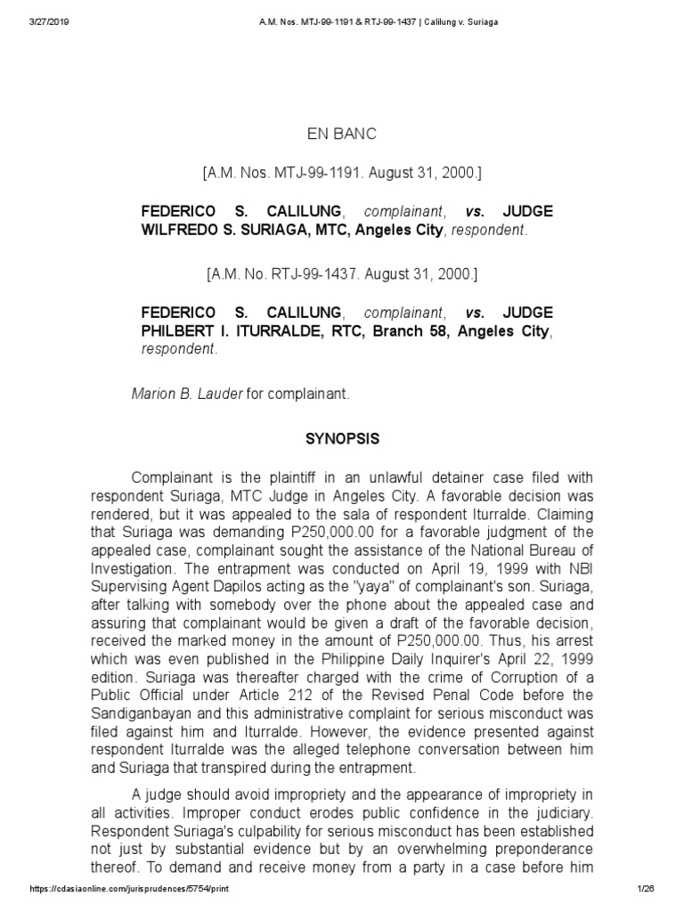A.M. Nos. MTJ 99 1191 Calilung v. Suriaga PDF | PDF | Judiciaries ...