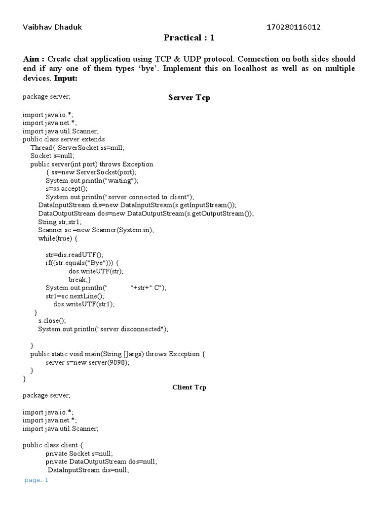Practical: 1: Aim: Create Chat Application Using TCP & UDP Protocol ...