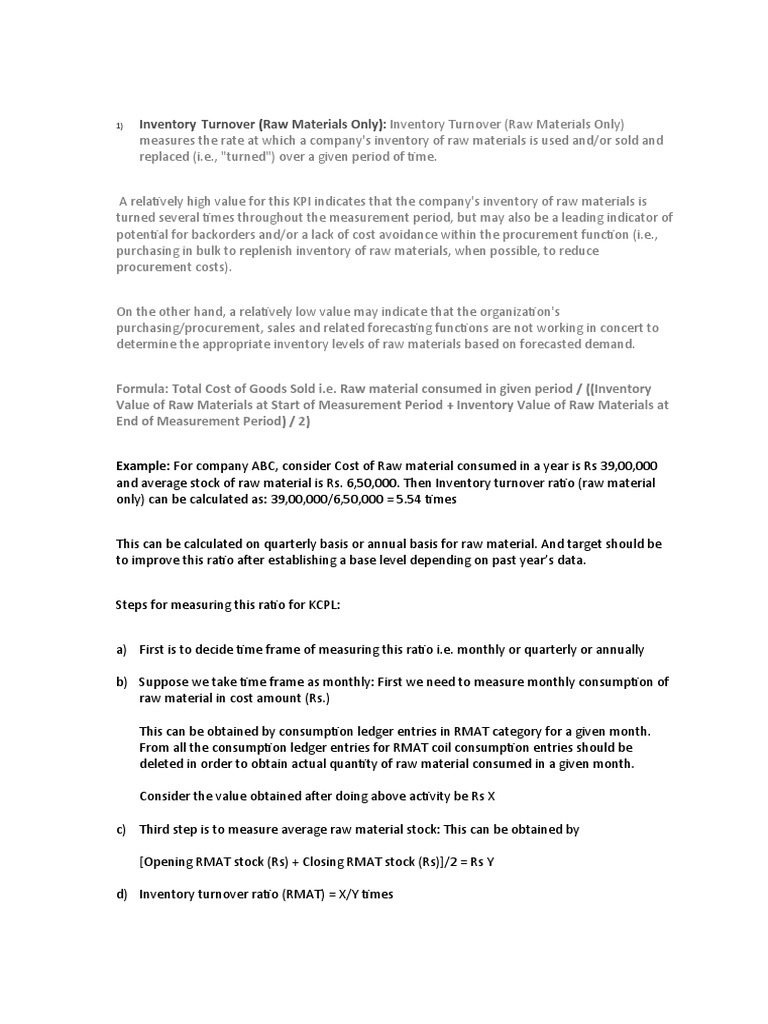 Inventory Turnover (Raw Materials Only) PDF Inventory Supply Chain Management