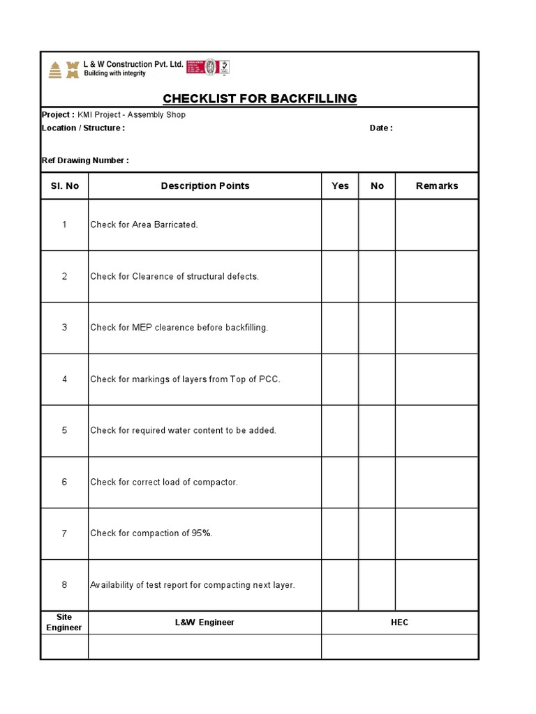 Checklist For Backfilling PDF