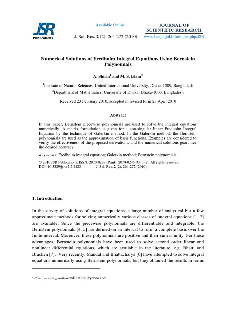 Numerical Solutions Of Fredholm Integral Equations Using Bernstein