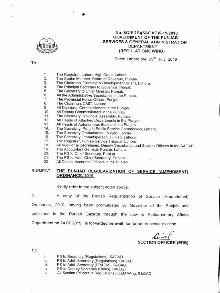 Punjab Regularization of Service Act 2018 Amendment | PDF