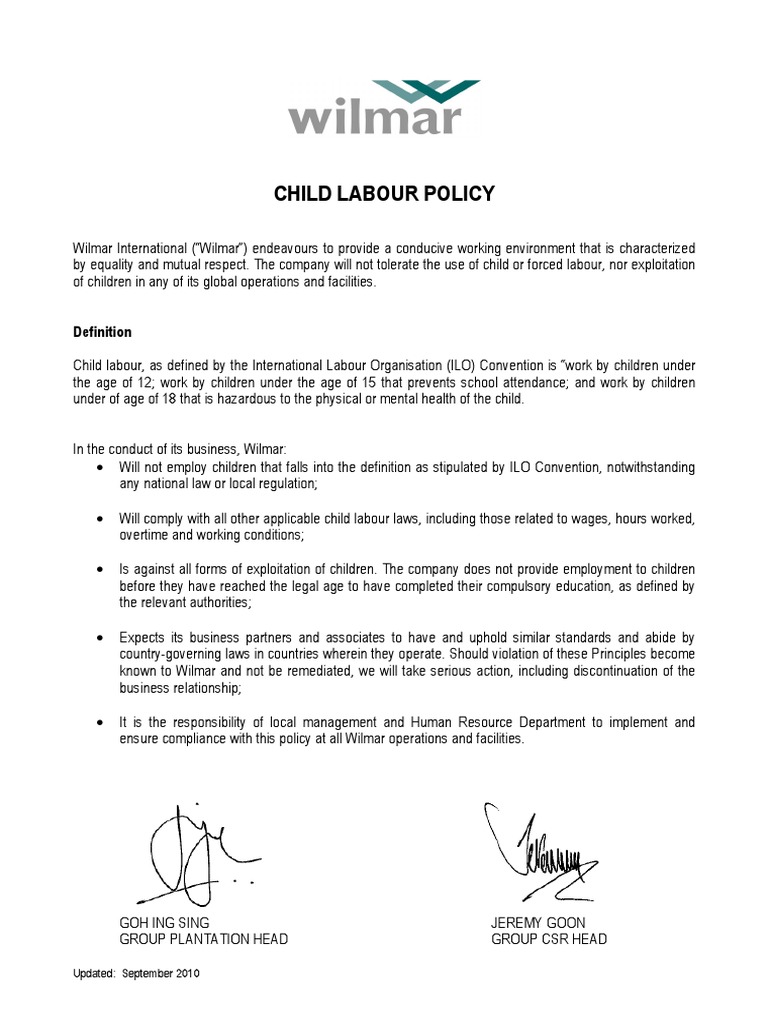 Wilmar's Child Labour Policy Statement | PDF