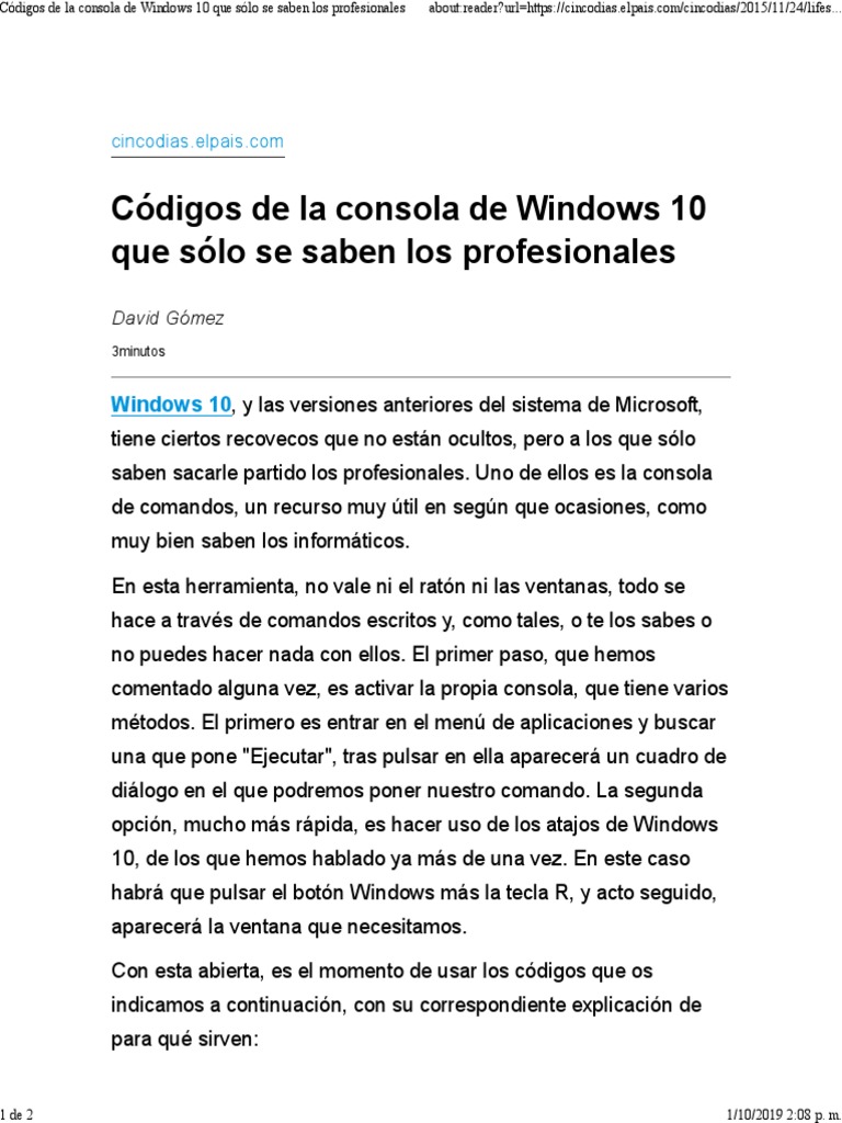 Códigos útiles de consola en Windows 10 | PDF | Windows 10 | Microsoft ...