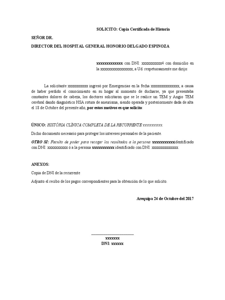 Modelo De Solicitud De Copia Certificada De Historia Clinica Pdf