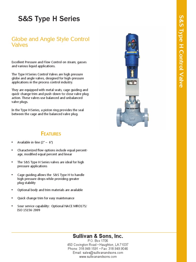 S&S Type H Control Valve Specifications | PDF | Valve | Gas Technologies
