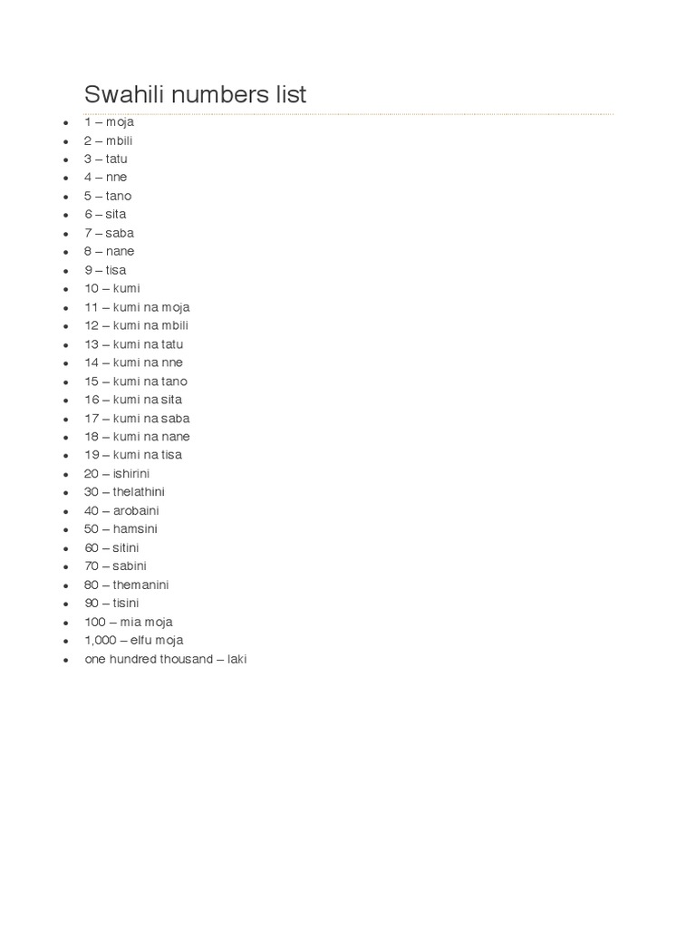 Swahili Numbers List PDF
