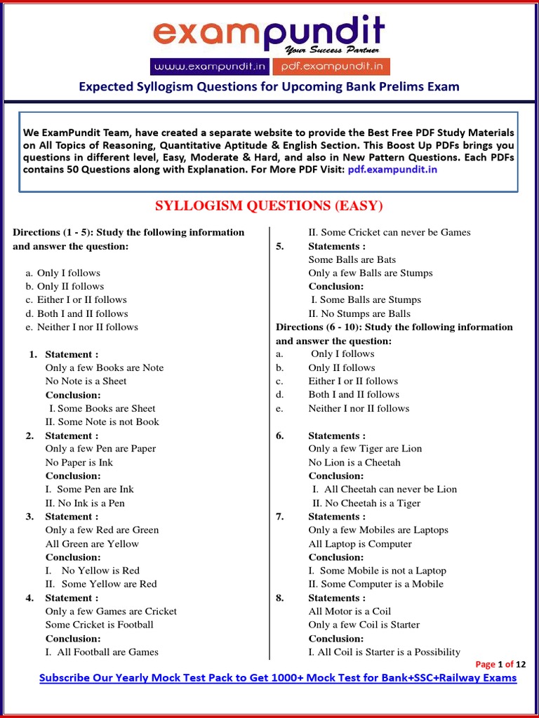 Important Syllogism Questions For Sbi Clerk Prelims Exams PDF | PDF |  Computing And Information Technology