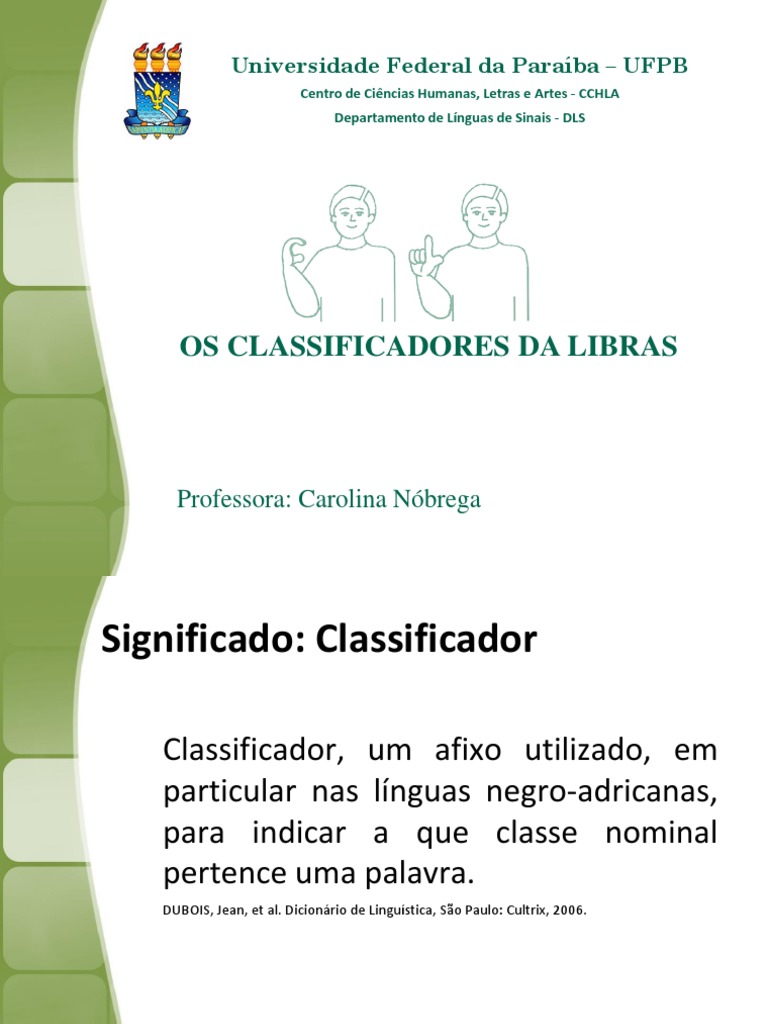 Classificadores na LIBRAS: Tipos e Exemplos | PDF | Linguística | Semiótica