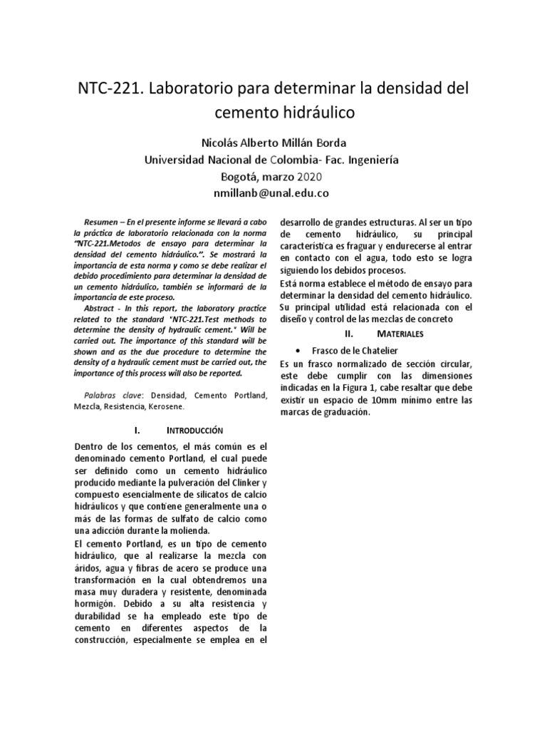 NTC 221 Laboratorio Densidad Del Cemento | PDF | Cemento | Densidad