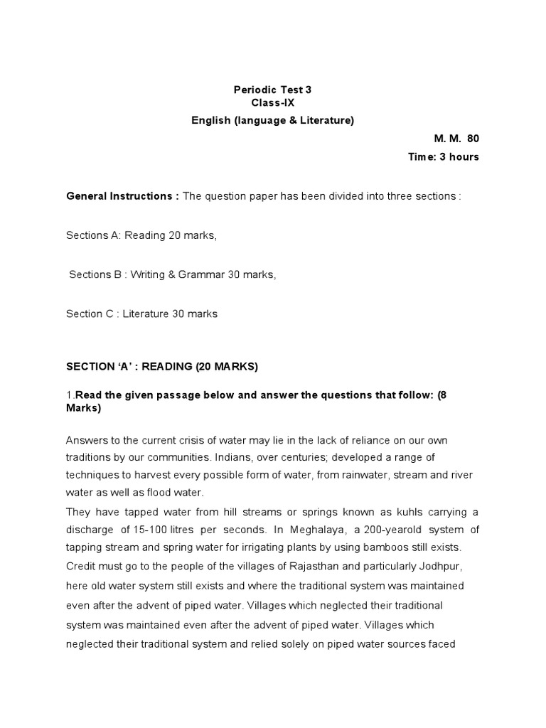 Class 9 English Question Paper Cbse PDF Pearl Oyster