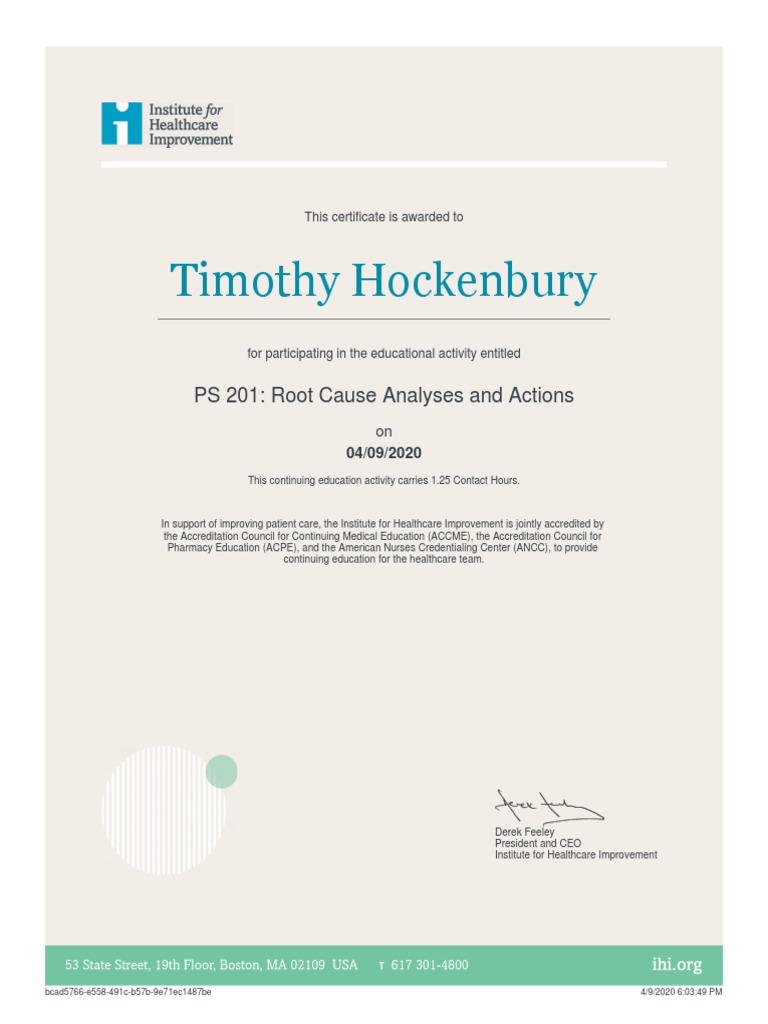 Ihi Certificate - Root Cause Analyses and Actions | PDF | Self-Improvement