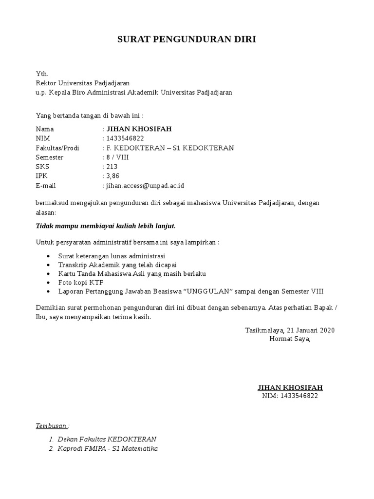 Surat Pengunduran Diri Mahasiswa A4 Pdf