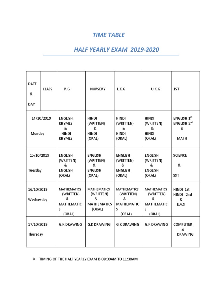 Half Yearly Exam Timetable 2019-20 | PDF | Foreign Language Studies