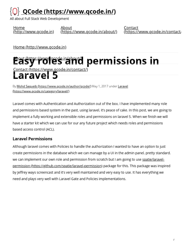 Easy Roles and Permissions in Laravel 5 - QCode PDF | PDF | Mobile App |  Password
