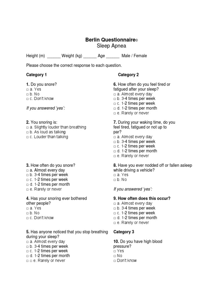 Berlin Questionnaire Sleep Apnea PDF Snoring Body Mass Index