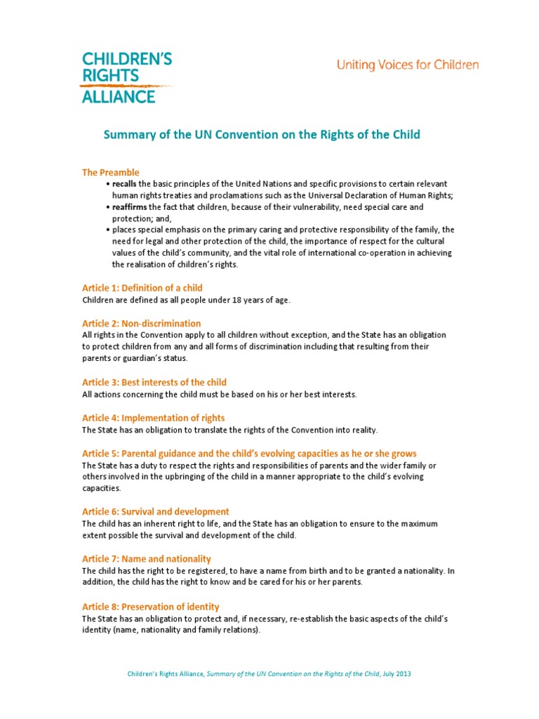Summary of The UN Convention On The Rights of The Child | PDF ...