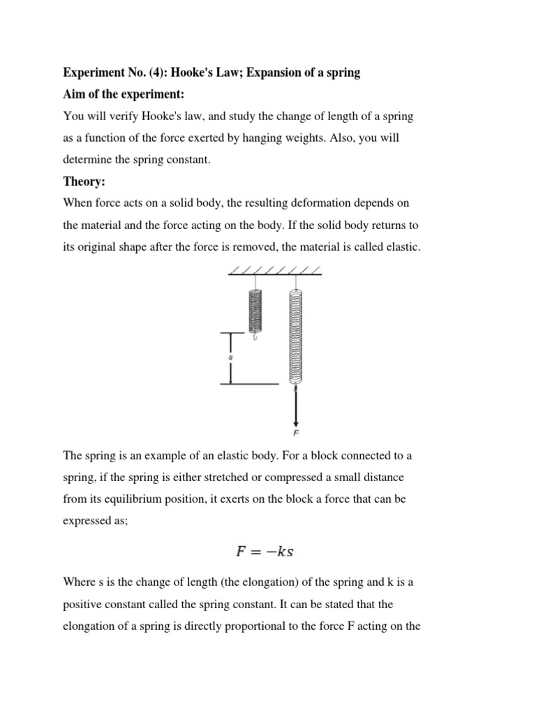 Experiment No. 4 Hooke's Law PDF Deformation (Mechanics) Force