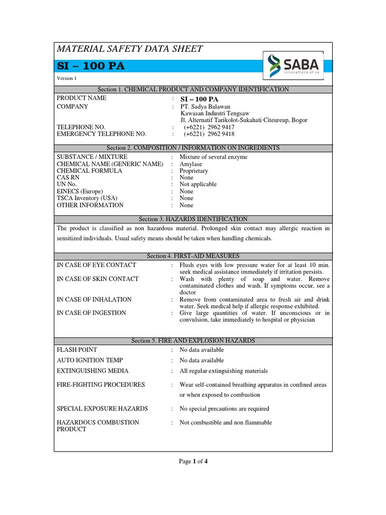 MSDS SI-100PA (Update) | PDF | Dangerous Goods | Prevention