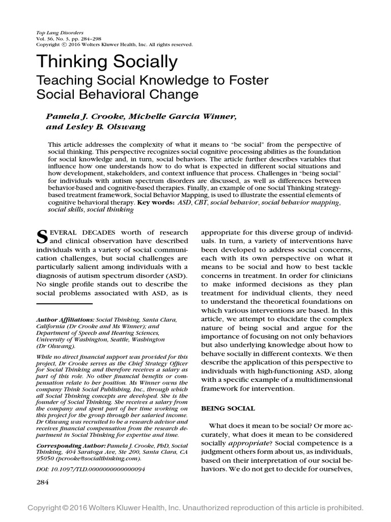 Thinking Socially: Teaching Social Knowledge To Foster Social ...