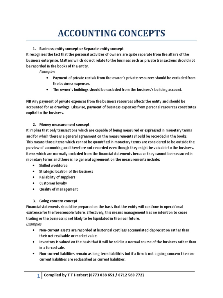 Accounting Concepts: 1. Business Entity Concept or Separate Entity