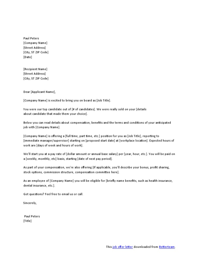 Informal Job Offer Email Template Download 20170818 PDF