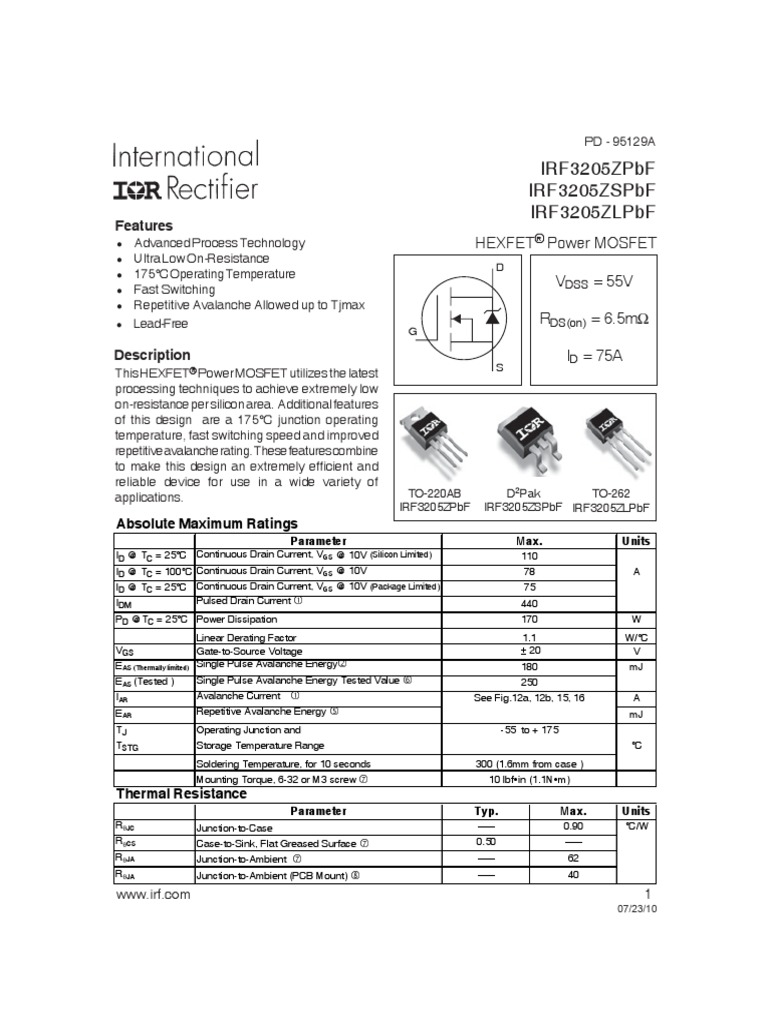 Irf3205Zpbf Irf3205Zspbf Irf3205Zlpbf: Features | PDF | Field Effect ...