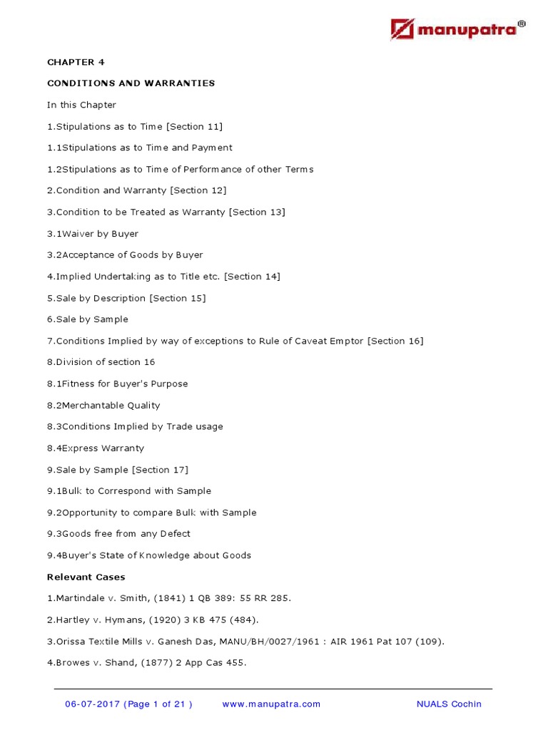 Conditions and Warranties PDF Breach Of Contract Common Law
