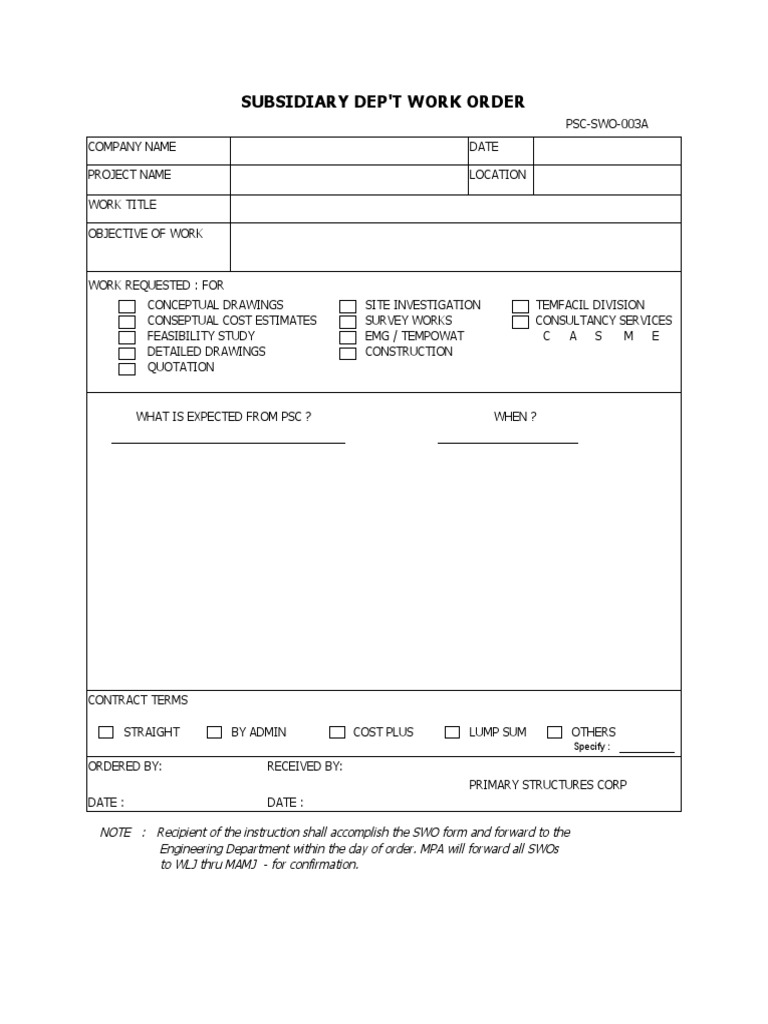Subsidiary Department Work Order Form | PDF | Computers | Technology ...