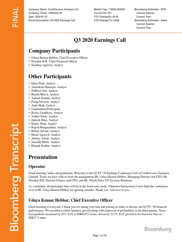 0 3QFY20 Transcript | PDF | Loans | Money